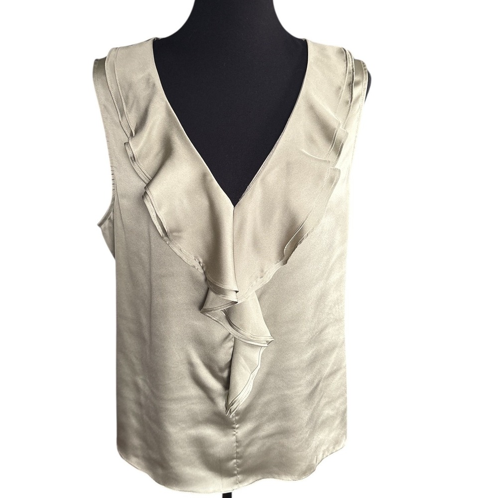 NWT White House Black Market Satin Ruffle Front Shell in Bay Leaf, Size Large - Picture 2 of 8